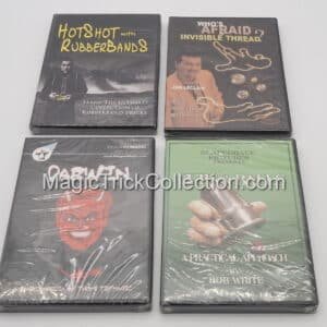 Close-Up Magic 4 DVD Product Bundle $99.00 - Hot Shot with Rubber Bands - Who's Afraid of Invisible Thread - Darwin Encyclopedia of Thumb Tip Magic - Cups & Balls by Bob White