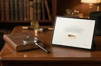 Antique playing cards, a vintage magic wand, and rare collectible magic tricks displayed on a dark wooden desk.