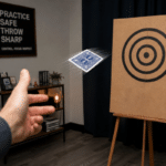 Playing card thrown toward a safe practice target.