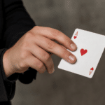 Magician preparing to throw a playing card with proper grip.