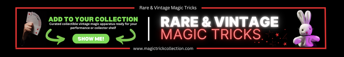 Banner for Rare & Vintage Magic Tricks: hand with cards on the left, glowing title in the center, green'SHOW ME!' button, and a purple bunny on the right.