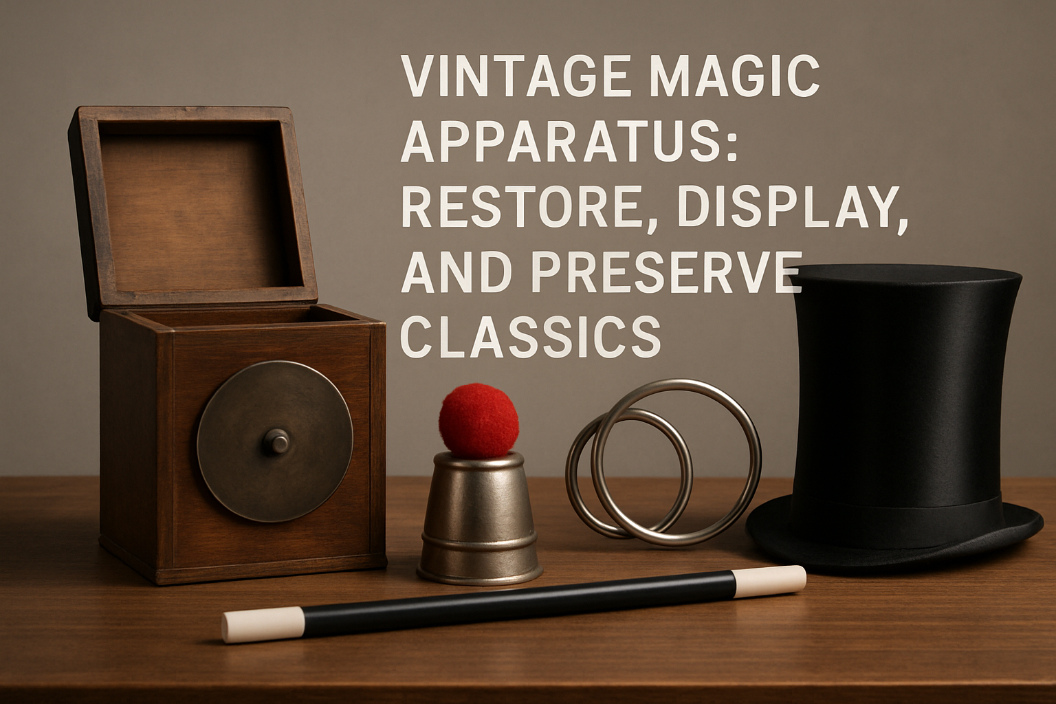 Vintage magic props arranged on a wooden table: a wooden box, two metal rings, a wand, a top hat, and a red pom-pom on a small stand with a backdrop about restoring classics.”,