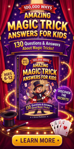 Bright purple poster advertising 'Amazing Magic Trick Answers for Kids' with a magician on the book cover, 130 questions, ages 6–12, 'Learn More' button at bottom, magic wand and top hat visuals.